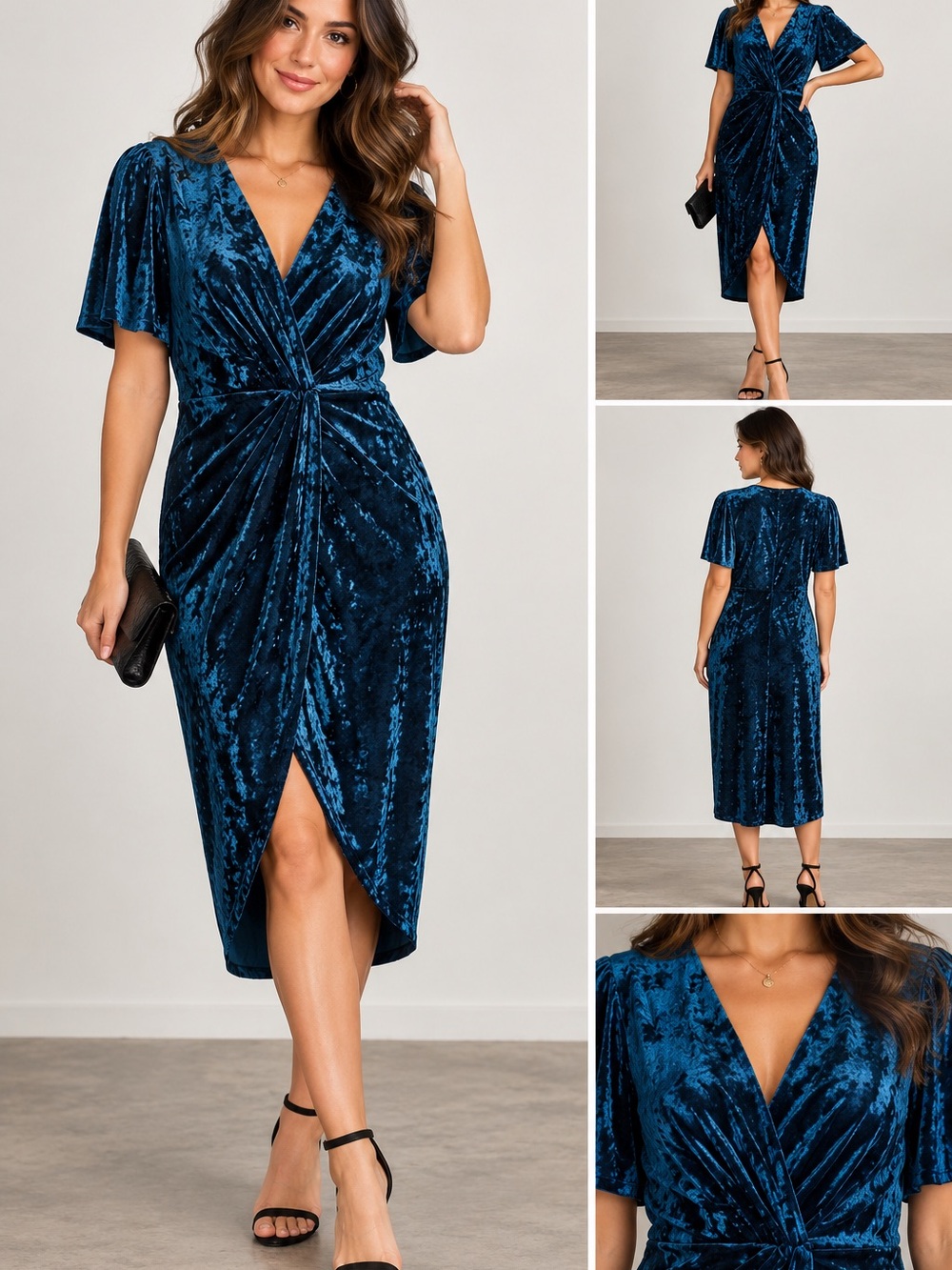 Free Press Blue Crushed Velvet Faux Wrap Tulip Hem Midi Dress M Dark Romantic